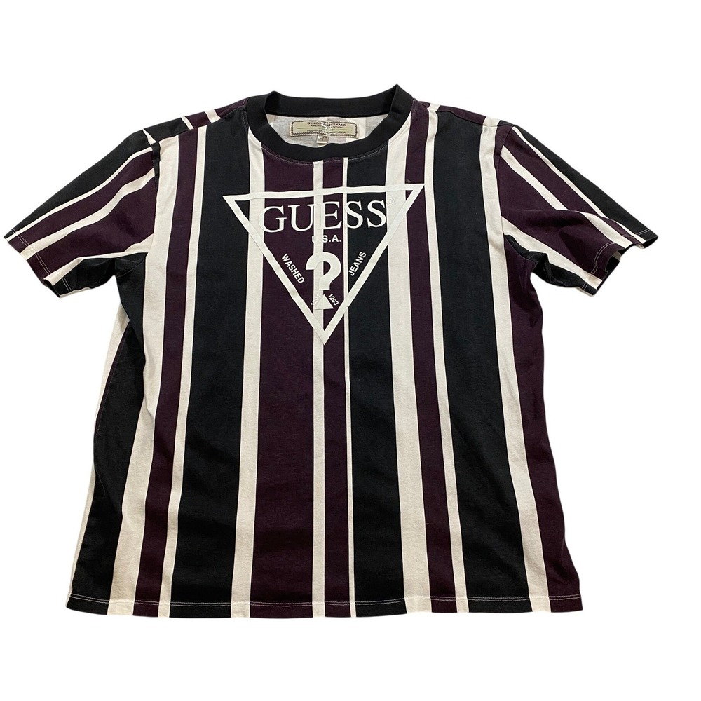 Guess Originals Striped Logo VTG‎ T Shirt Mens Size S Black Purple White